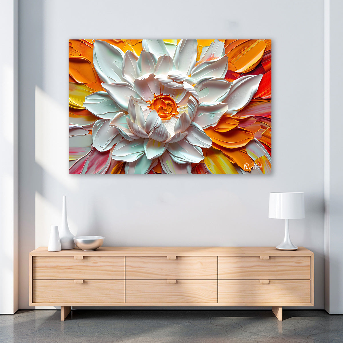 Beyaz Lotus 8 kanvas tablo — farklı açıdan görünüm