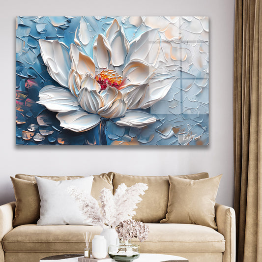 Beyaz Lotus 9 cam tablo — duvarda dekorasyon görünümü