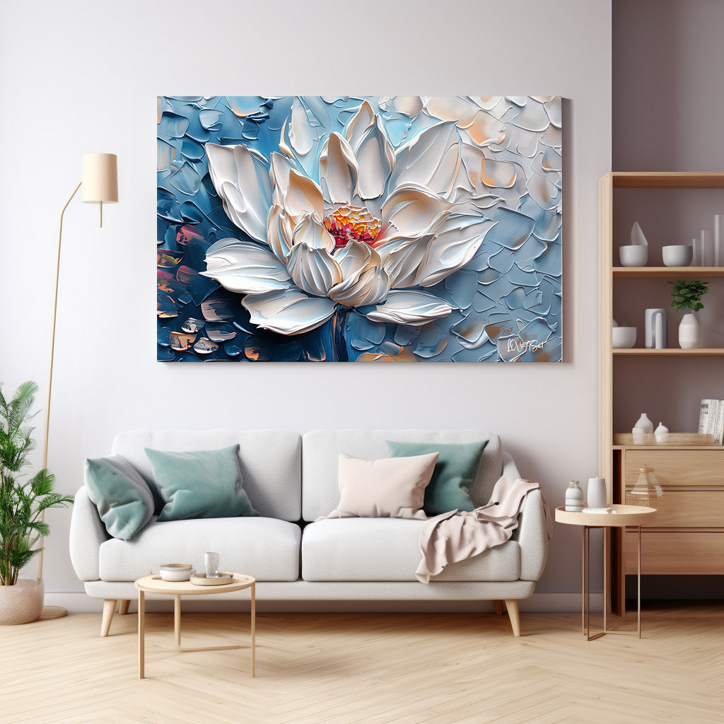 Beyaz Lotus 9 kanvas tablo — duvarda dekorasyon görünümü