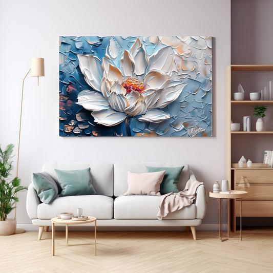 Beyaz Lotus 9 kanvas tablo — duvarda dekorasyon görünümü
