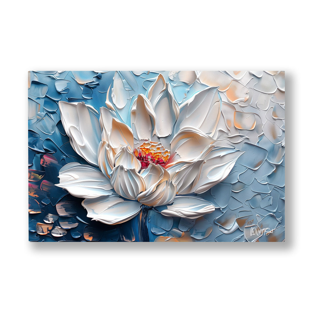 Beyaz Lotus 9 kanvas tablo — Mavi dalgalı bir dokunun üstüne kondurulmuş, pembe kalpli beyaz lotus.