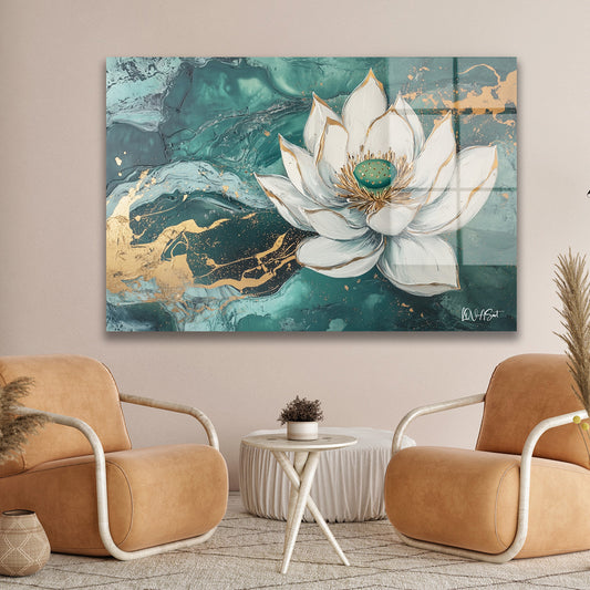 Beyaz Lotus cam tablo — duvarda dekorasyon görünümü