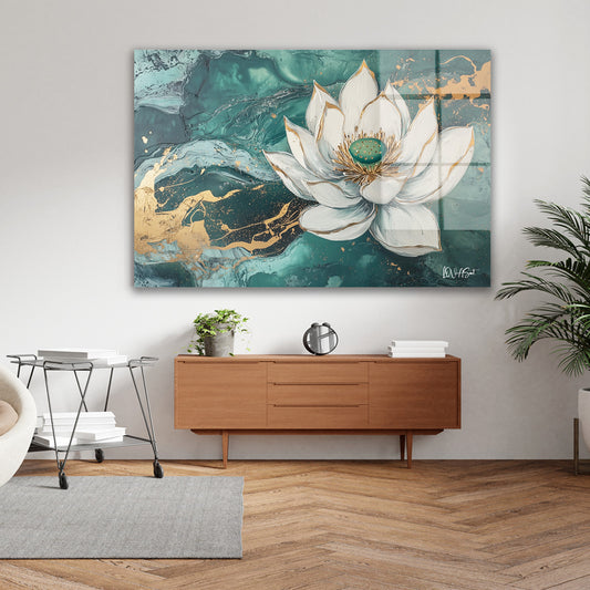Beyaz Lotus cam tablo — iç mekân uygulama örneği