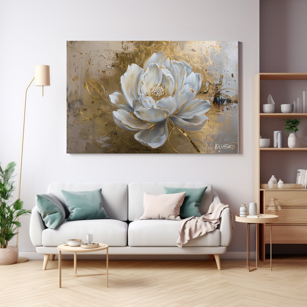 Beyaz Lotus kanvas tablo — duvarda dekorasyon görünümü
