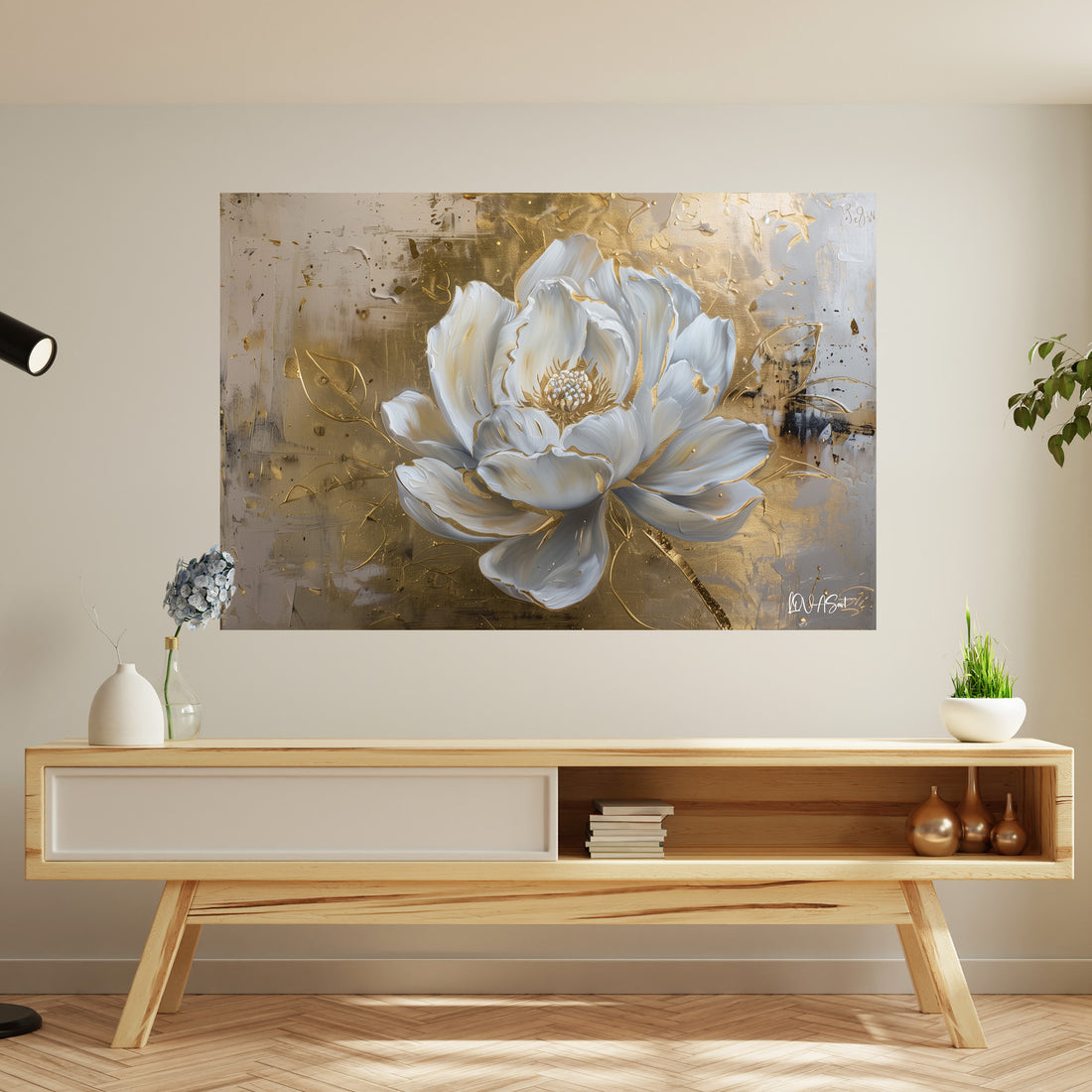 Beyaz Lotus kanvas tablo — iç mekân uygulama örneği