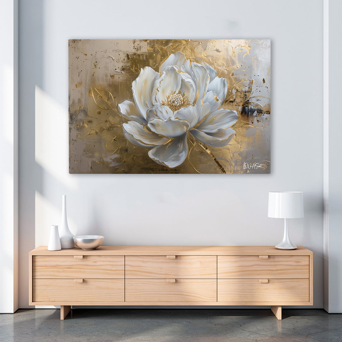 Beyaz Lotus kanvas tablo — farklı açıdan görünüm