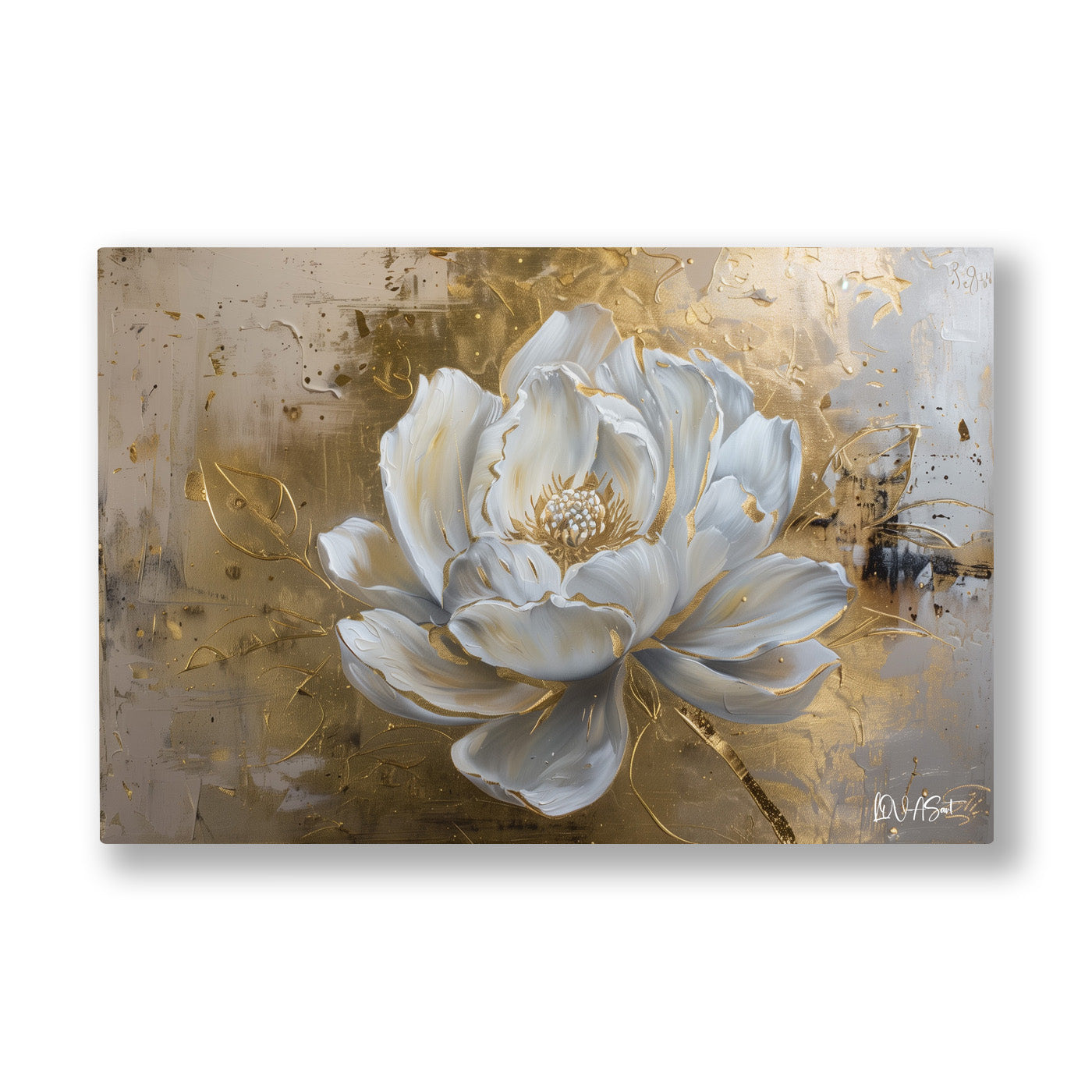 Beyaz Lotus kanvas tablo — Altın tozlu kahverengi bir zeminde kabarmış, kar beyazı bir lotus.