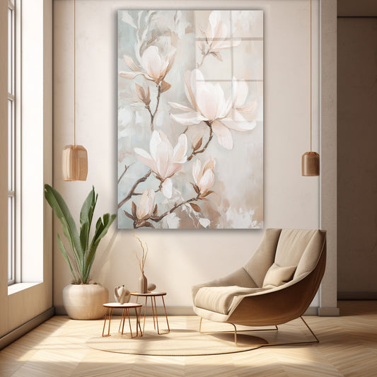 Beyaz Manolya Dalları cam tablo — duvarda dekorasyon görünümü