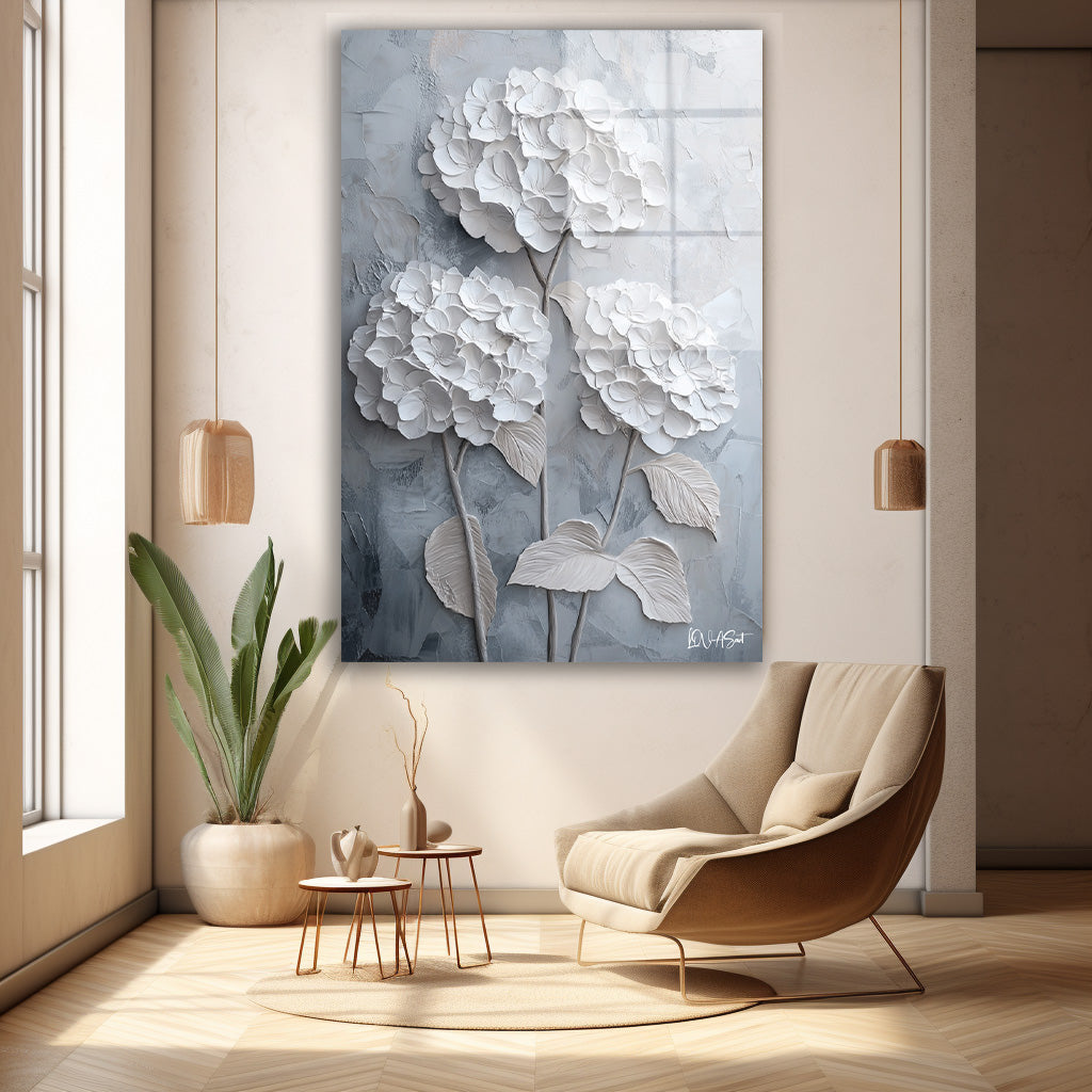 Beyaz Ortancalar - Cam Tablo