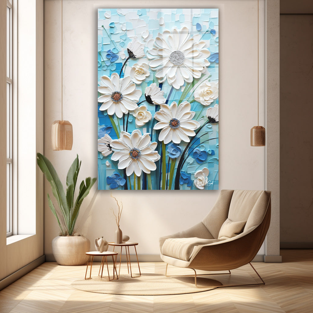 Beyaz Papatyalar 6 cam tablo — duvarda dekorasyon görünümü