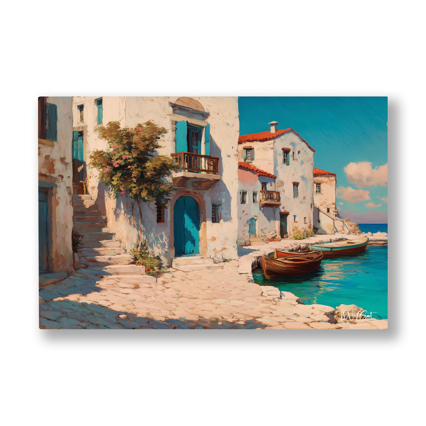 Beyaz Sahil Evleri kanvas tablo — Turkuaz suya bakan taş evlerin arasından geçen güneşli bir sokak.
