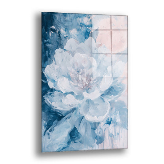 Beyaz Şakayık 11 cam tablo — mavi ve beyaz yumuşak lekelerle yıkanmış bir şakayığı, pembe bir bulut ve lacivert derinliklerle