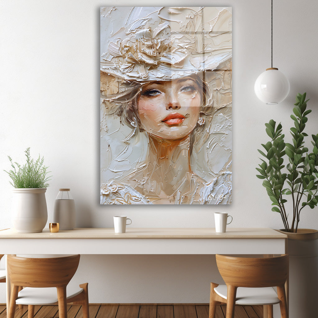Beyaz Şapkalı Kadın Portresi cam tablo — iç mekân uygulama örneği