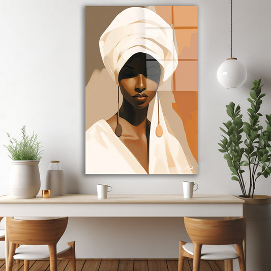 Beyaz Sarıklı Kadın cam tablo — iç mekân uygulama örneği