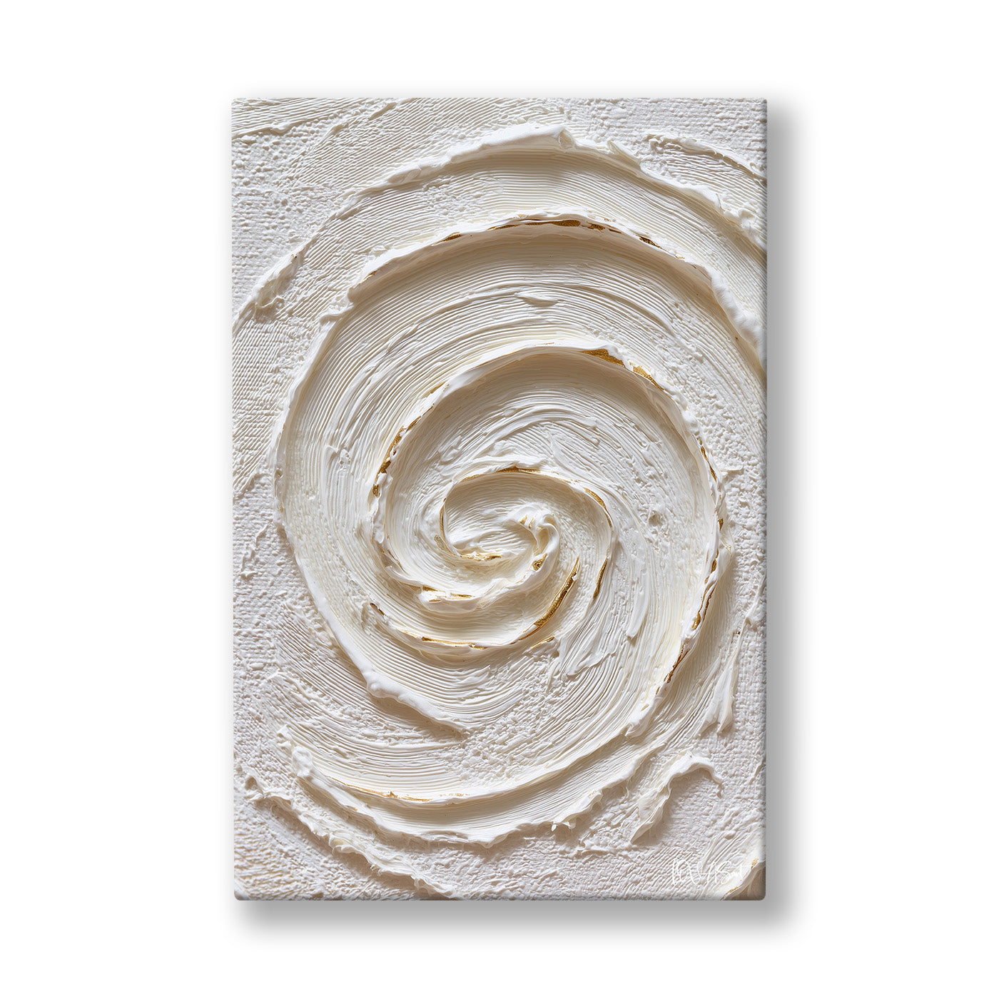 Beyaz Spiral kanvas tablo — Bembeyaz bir yüzeyde gül gibi kıvrılarak açılan kabartma sarmal.