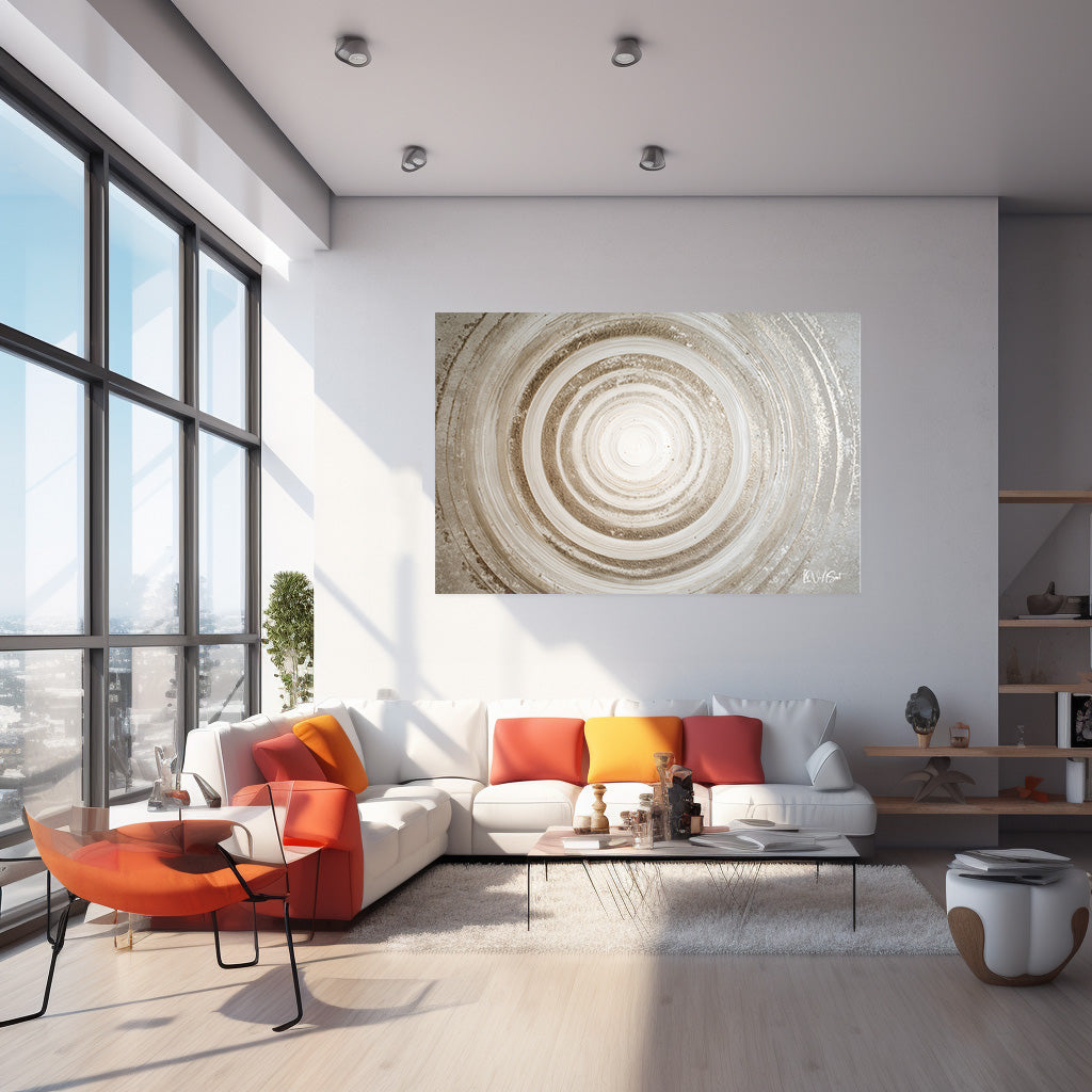 Beyaz Spiral Doku kanvas tablo — iç mekân uygulama örneği