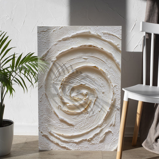 Beyaz Spiral kanvas tablo — iç mekân uygulama örneği