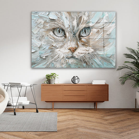 Beyaz Tüylü Kedi cam tablo — iç mekân uygulama örneği