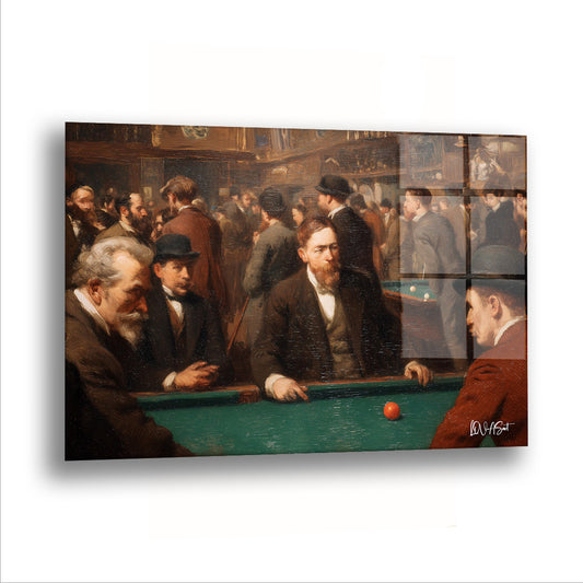 Bilardo Salonu cam tablo — Yeşil çuhanın etrafına toplanmış kalabalık, bir sonraki vuruşu bekliyor.