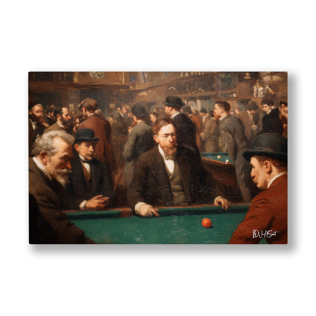 Bilardo Salonu kanvas tablo — Yeşil çuhalı masanın başında ıstakasını süren adamların nefes tuttuğu an.