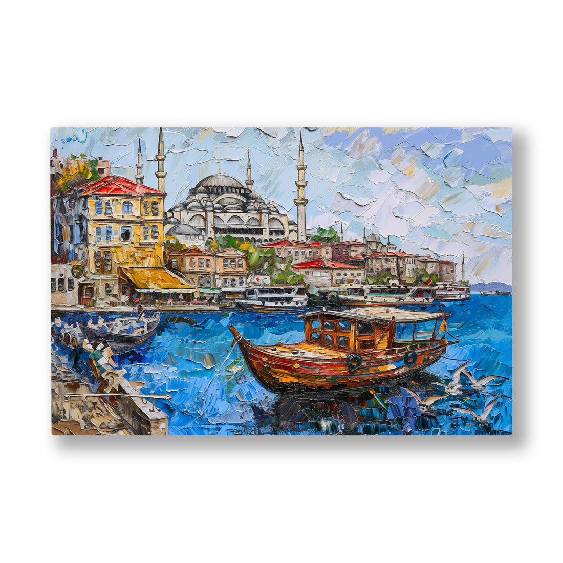 Boğaz Kıyısı Kayıklar kanvas tablo — Boğaz kıyısında demirlemiş kayıkların ardında yükselen cami silueti.