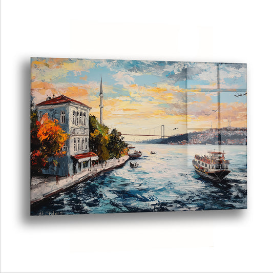 Boğazda Gün Batımı cam tablo — Boğaz köprüsünün arkasına inen güneş, suyu turuncu bir yola çeviriyor.