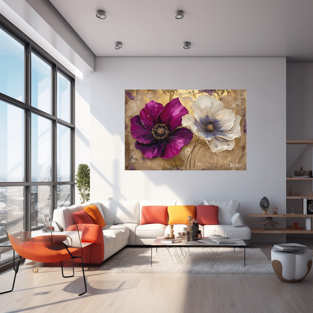 Bordo Beyaz Anemonlar kanvas tablo — iç mekân uygulama örneği