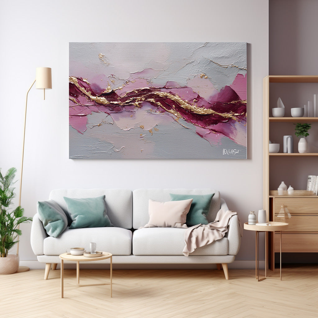 Bordo Damarlı Pastel Akış kanvas tablo — duvarda dekorasyon görünümü