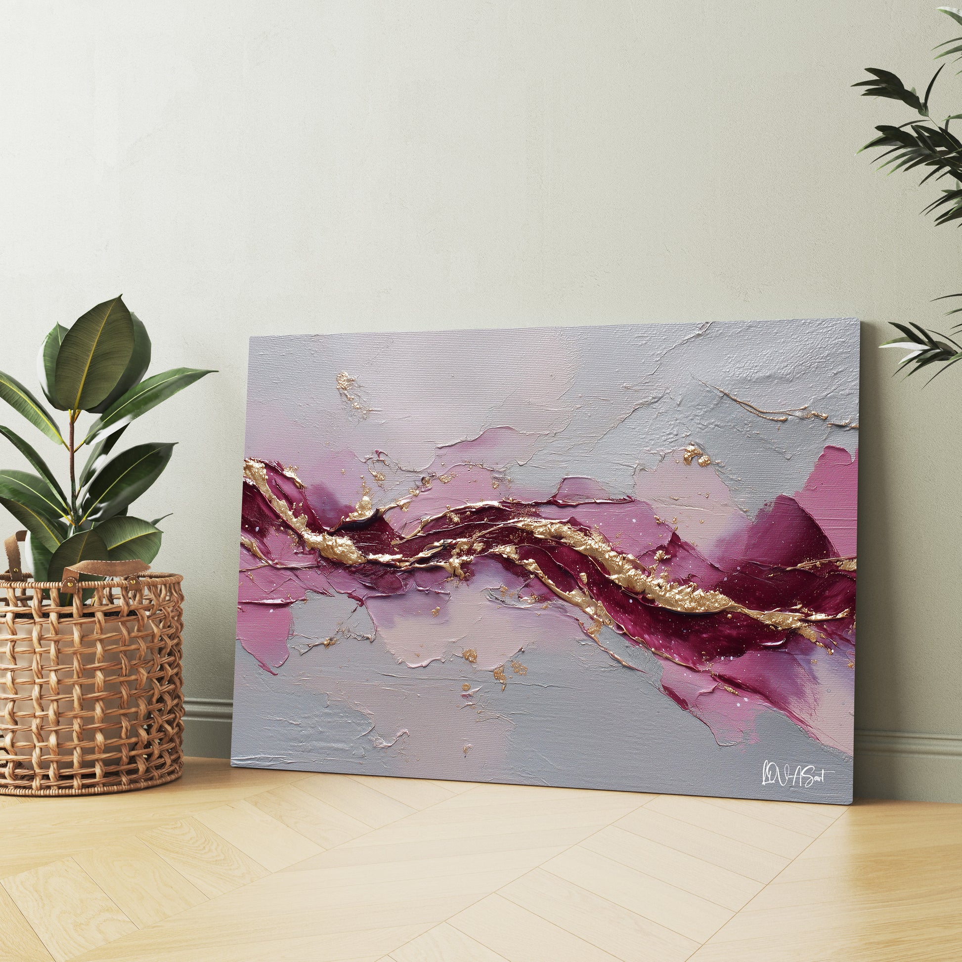 Bordo Damarlı Pastel Akış kanvas tablo — ek dekorasyon görünümü