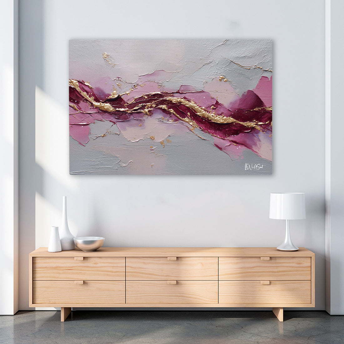 Bordo Damarlı Pastel Akış kanvas tablo — alternatif mekân görünümü