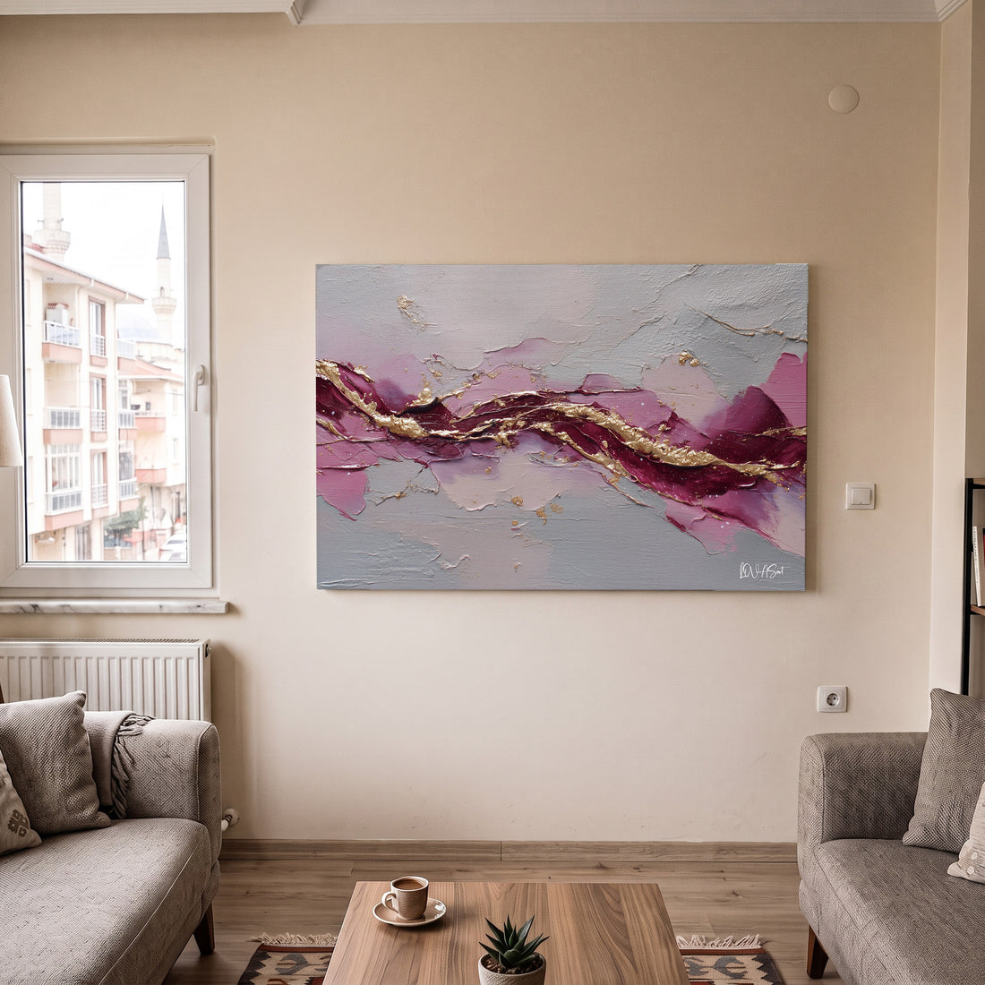 Bordo Damarlı Pastel Akış kanvas tablo — detay görünümü