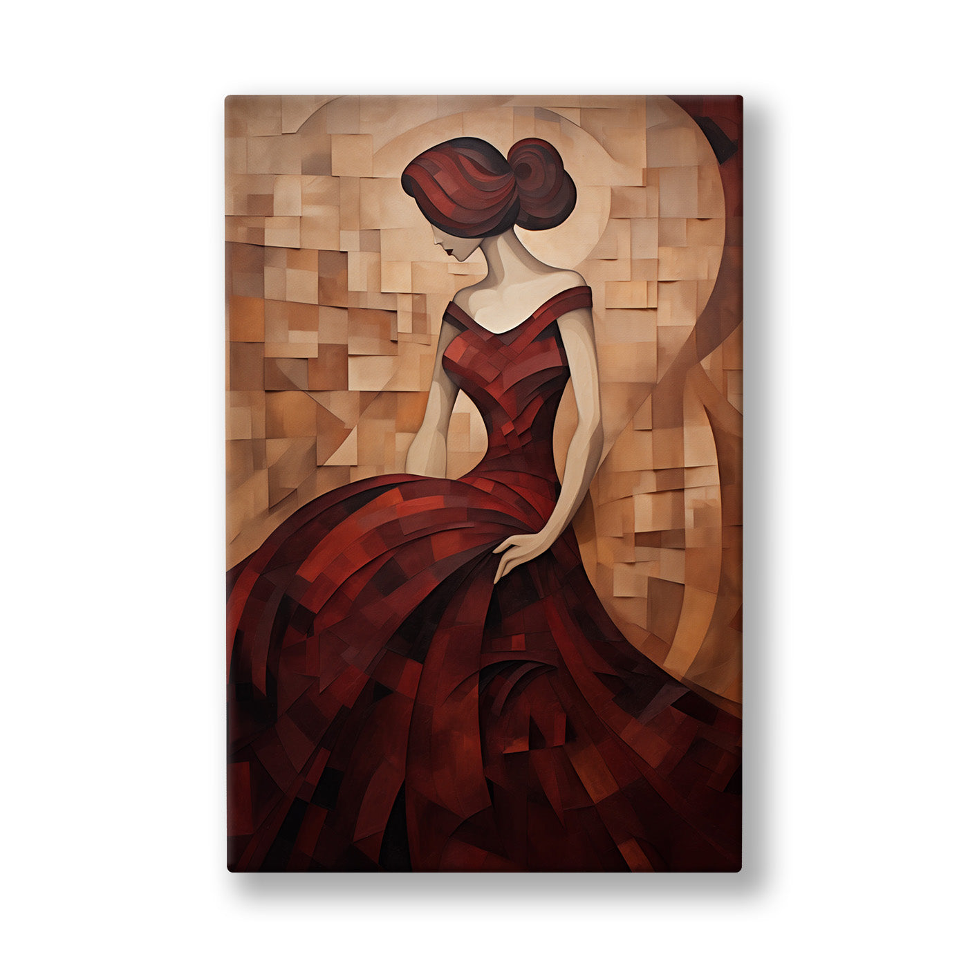 Bordo Elbiseli Kadın kanvas tablo — Bej mozaik bir duvarın önünde sırtı dönük, bordo gecelikli kadın.