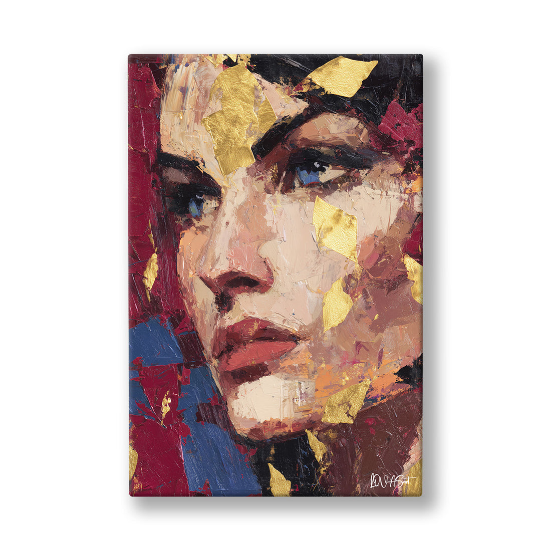 Bordo Tonlu Portre kanvas tablo — Bordo, sarı ve lacivert lekelerin arasından bakan bir kadın yüzü.