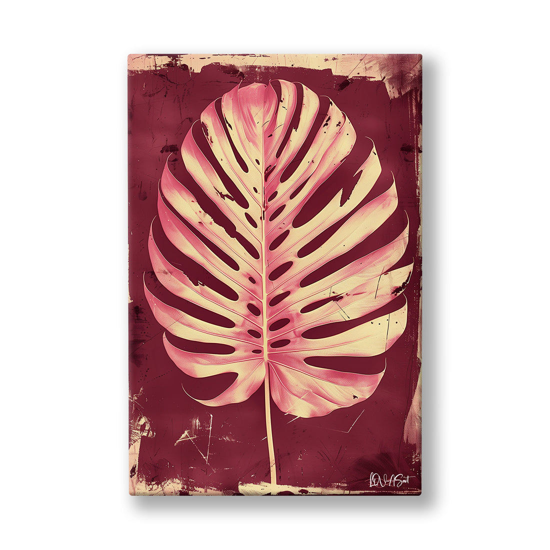 Bordo Zeminde Monstera kanvas tablo — Bordo bir duvarda pudra tonlarıyla açılmış tek bir monstera yaprağı.