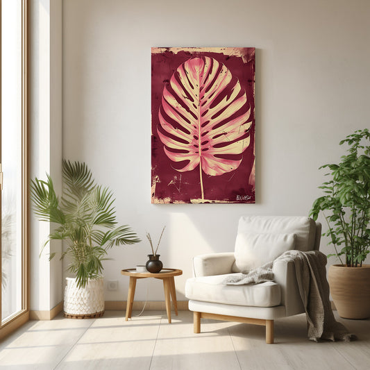Bordo Zeminde Monstera kanvas tablo — duvarda dekorasyon görünümü