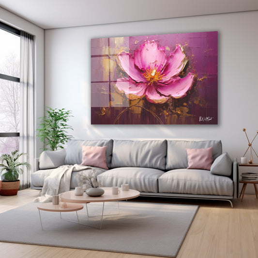 Bordo Zeminde Pembe Çiçek cam tablo — farklı açıdan görünüm