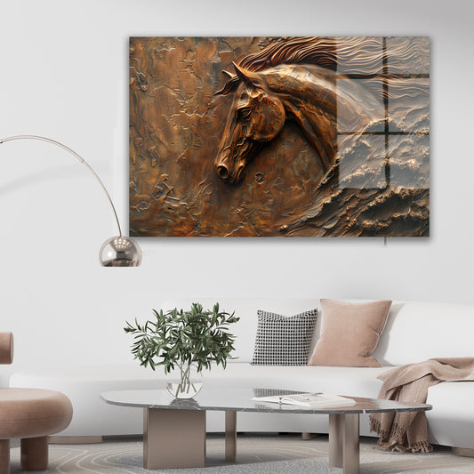 Bronz At Kabartması cam tablo — duvarda dekorasyon görünümü