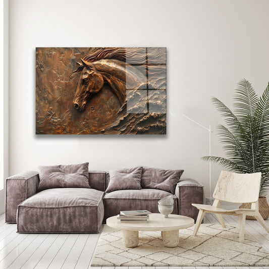 Bronz At Kabartması cam tablo — farklı açıdan görünüm