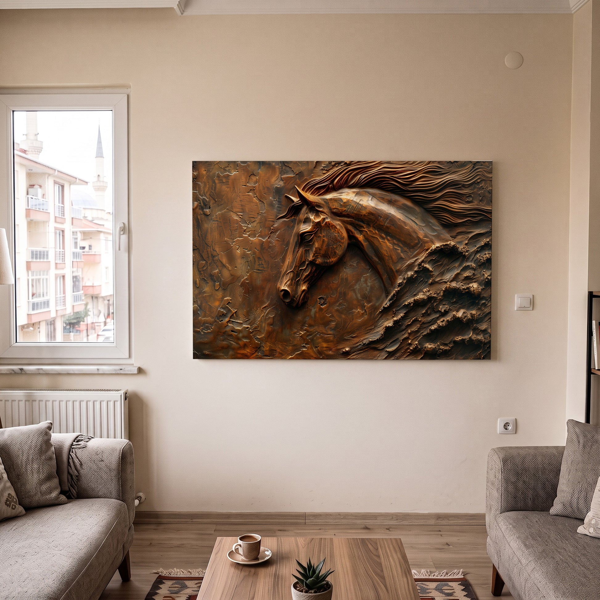 Bronz At Kabartması kanvas tablo — detay görünümü