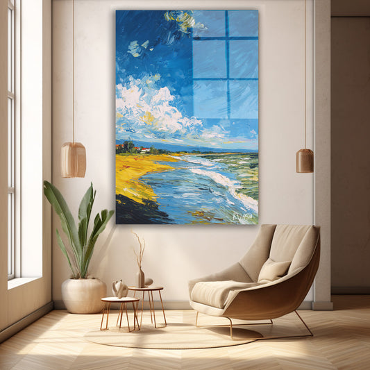 Bulutlu Deniz Manzarası cam tablo — duvarda dekorasyon görünümü