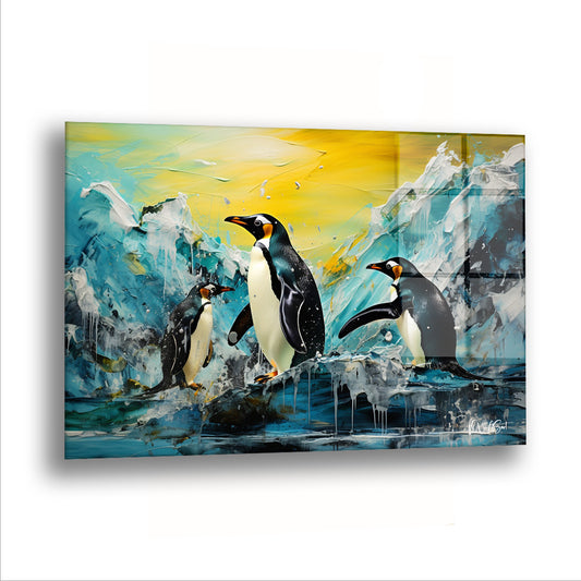 Buzda Penguenler cam tablo — Üç penguen buzun üstünde, sarı bir gün doğumunun önünde duruyor.