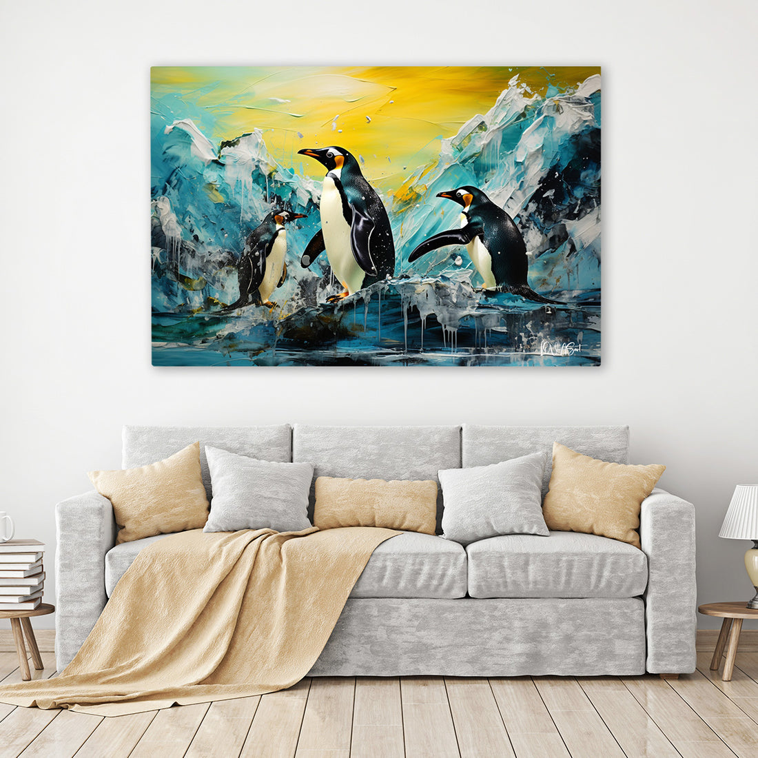 Buzda Penguenler kanvas tablo — iç mekân uygulama örneği