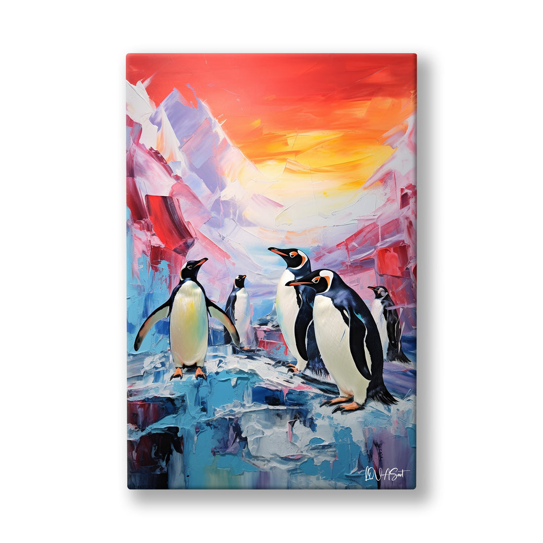 Buzdaki Penguenler kanvas tablo — Kızıl bir gün batımında buz üstünde toplanmış penguen ailesi.