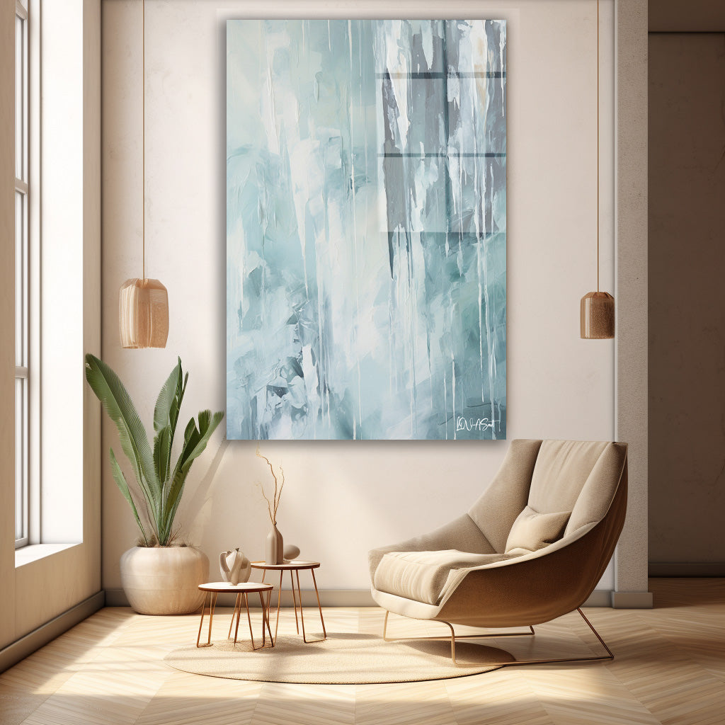 Buzlu Mavi Akış cam tablo — duvarda dekorasyon görünümü