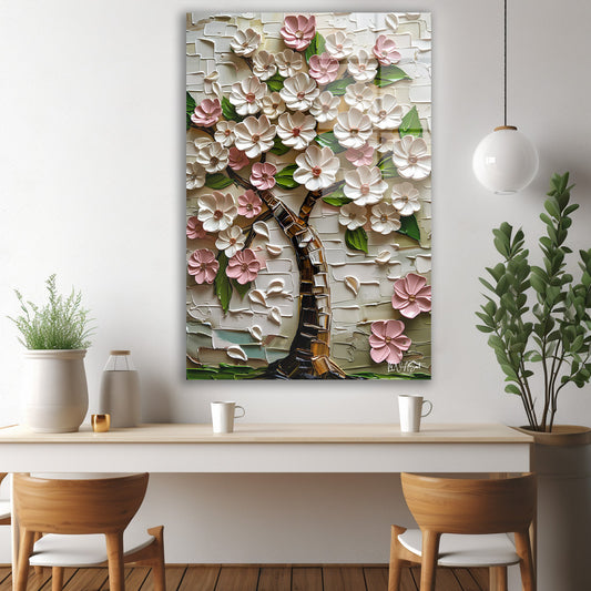 Çiçeklenmiş Ağaç cam tablo — iç mekân uygulama örneği
