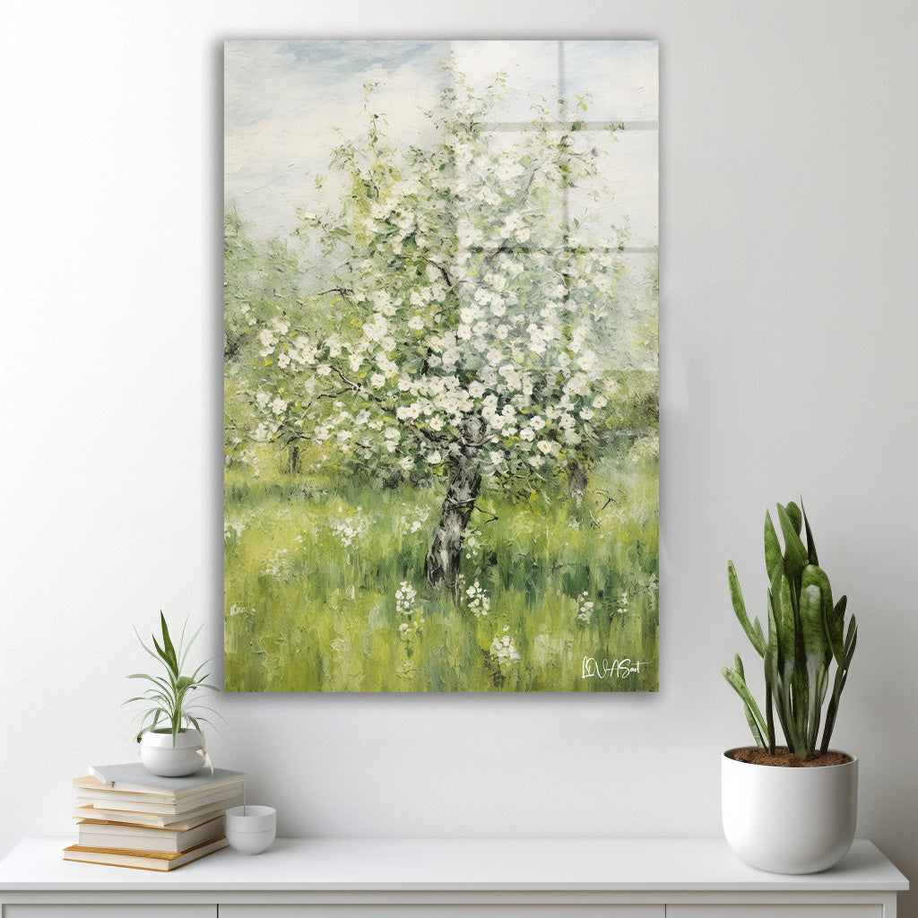 Çiçekli Beyaz Ağaç cam tablo — farklı açıdan görünüm