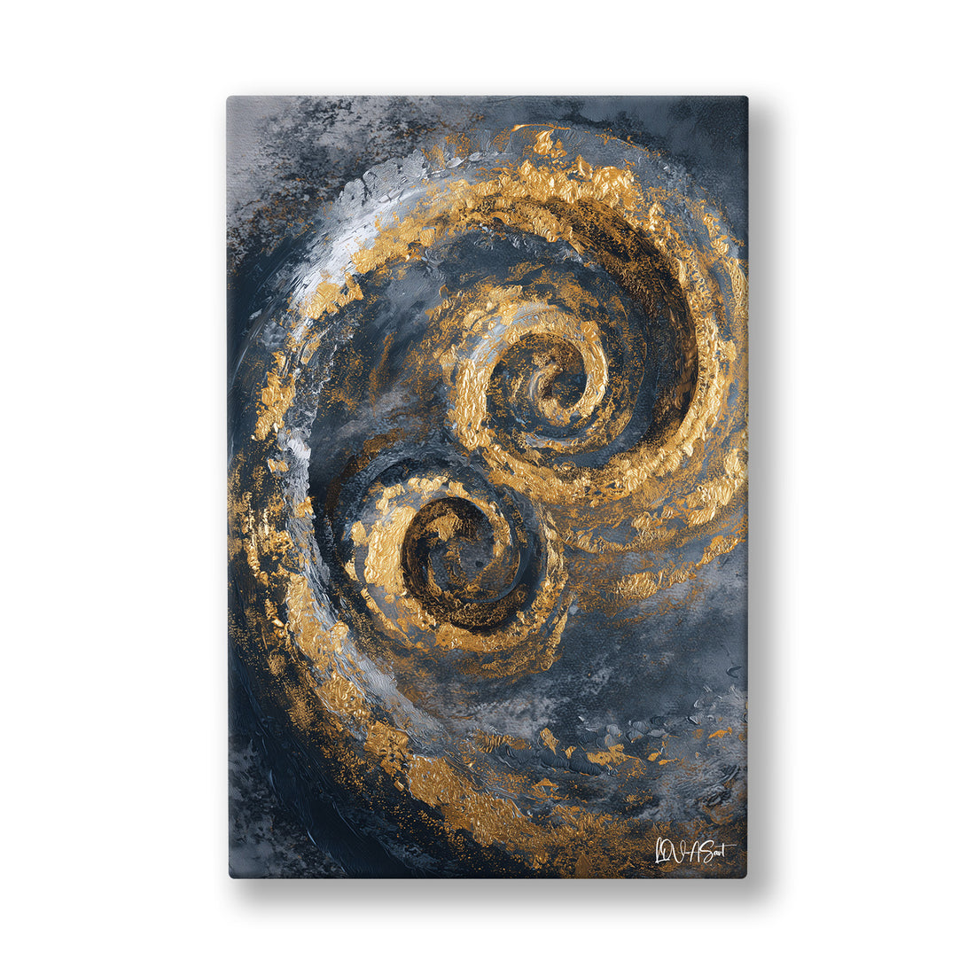 Çifte Altın Spiral kanvas tablo — Gece mavisi zeminde birbirine dolanan iki altın sarmalın parıltısı.