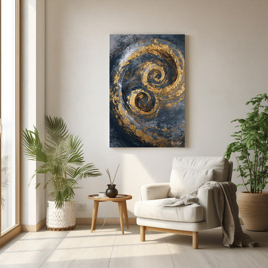 Çifte Altın Spiral kanvas tablo — duvarda dekorasyon görünümü