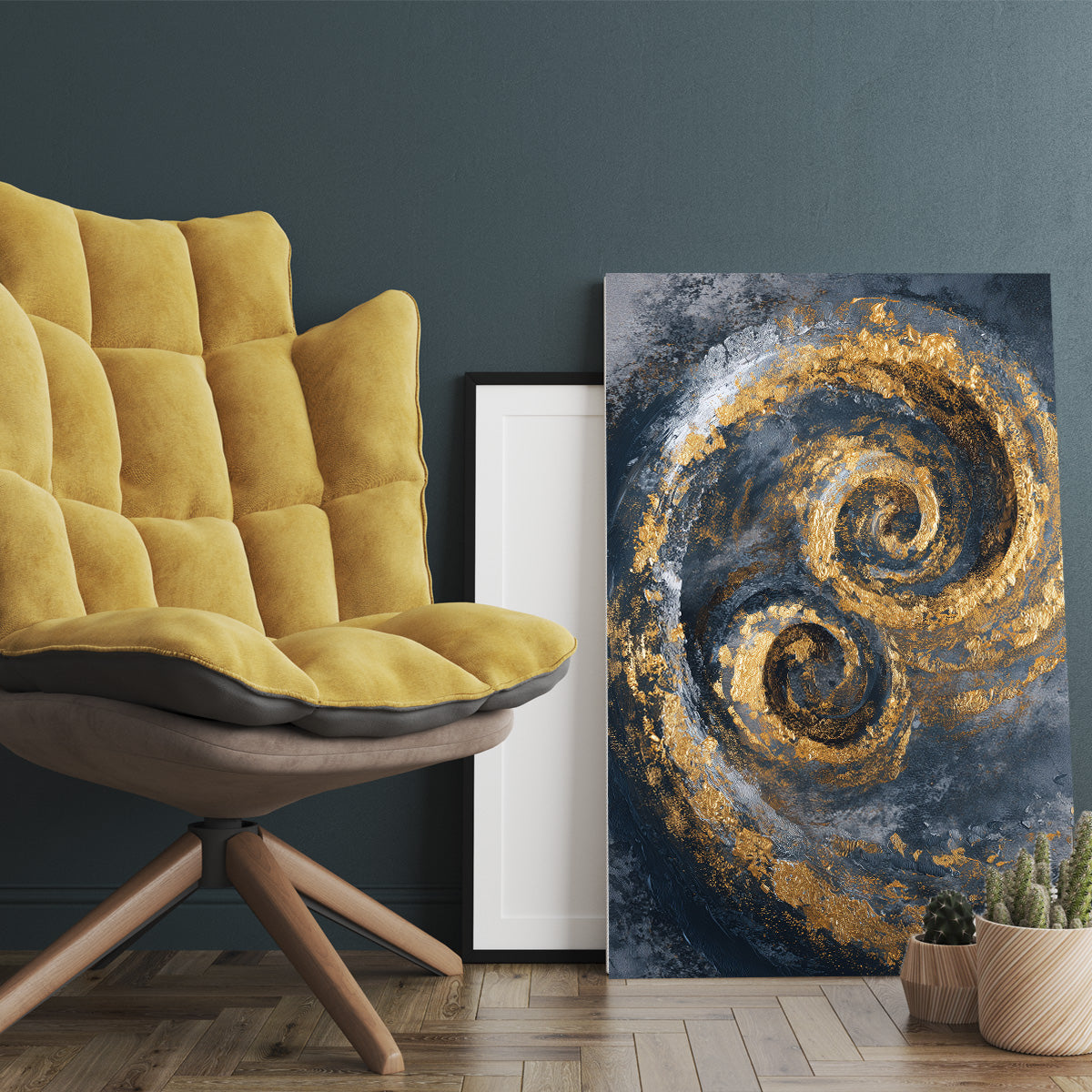 Çifte Altın Spiral kanvas tablo — iç mekân uygulama örneği