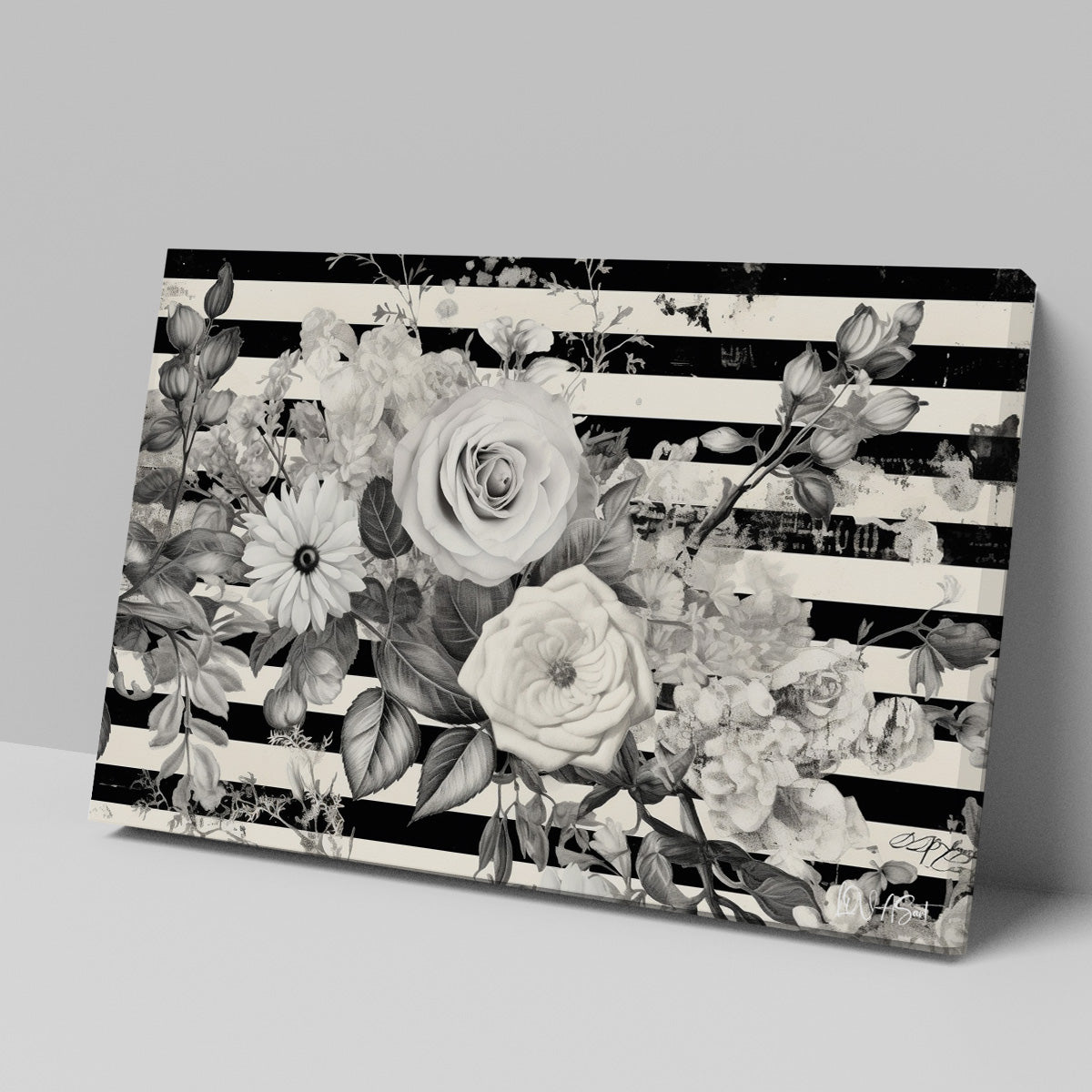 Çizgili Beyaz Güller kanvas tablo — duvarda dekorasyon görünümü